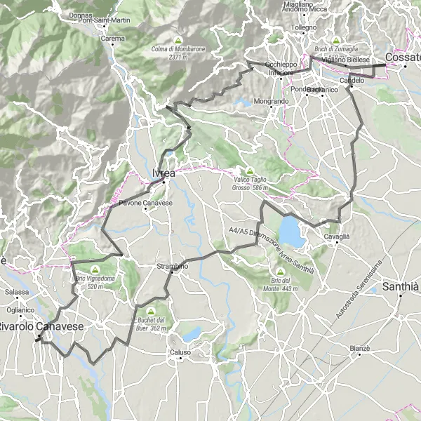 Miniatua del mapa de inspiración ciclista "Ruta panorámica de ciclismo en Rivarolo Canavese" en Piemonte, Italy. Generado por Tarmacs.app planificador de rutas ciclistas