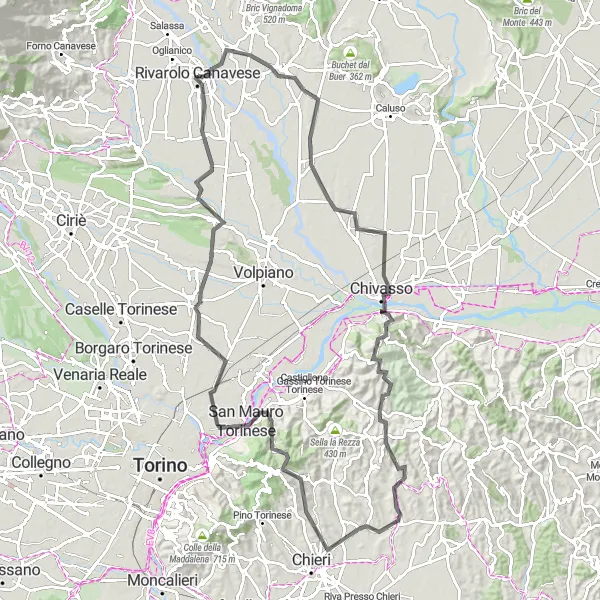 Miniatua del mapa de inspiración ciclista "Ruta de Ciclismo en Carretera con Encanto desde Rivarolo Canavese" en Piemonte, Italy. Generado por Tarmacs.app planificador de rutas ciclistas