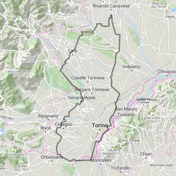 Miniatua del mapa de inspiración ciclista "Ruta Escénica de Ciclismo en Carretera desde Rivarolo Canavese" en Piemonte, Italy. Generado por Tarmacs.app planificador de rutas ciclistas