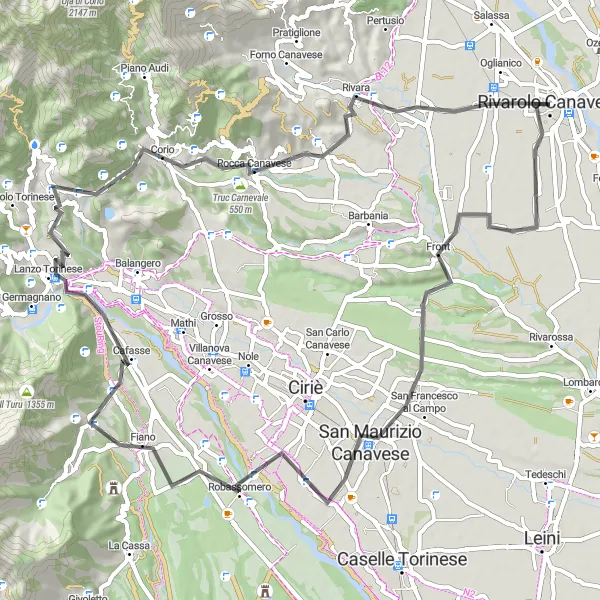 Miniatua del mapa de inspiración ciclista "Ruta de ciclismo de carretera en Rivarolo Canavese" en Piemonte, Italy. Generado por Tarmacs.app planificador de rutas ciclistas