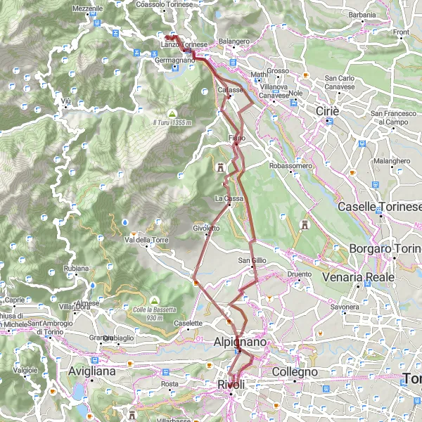 Karttaminiaatyyri "Rivoli - San Gillio - Fiano - Lanzo Torinese - Monte Castello - Givoletto Loop" pyöräilyinspiraatiosta alueella Piemonte, Italy. Luotu Tarmacs.app pyöräilyreittisuunnittelijalla