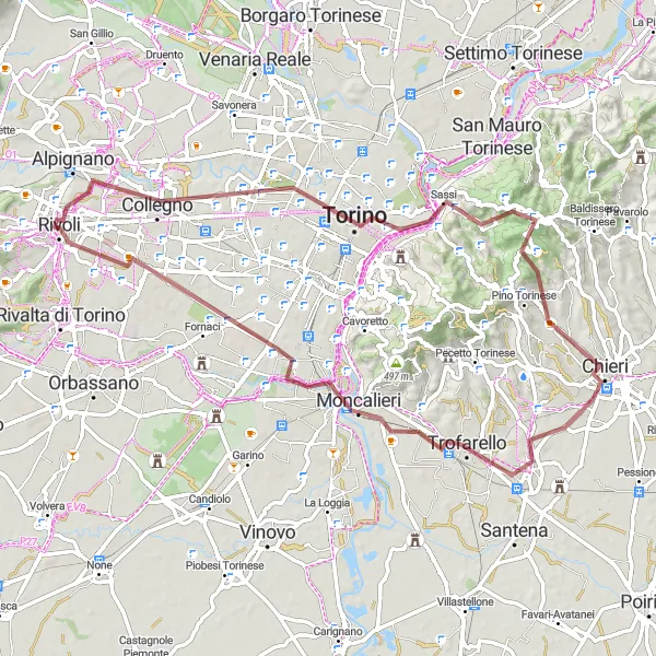 Miniatuurkaart van de fietsinspiratie "Avontuurlijke fietstocht naar Superga en Moncalieri" in Piemonte, Italy. Gemaakt door de Tarmacs.app fietsrouteplanner