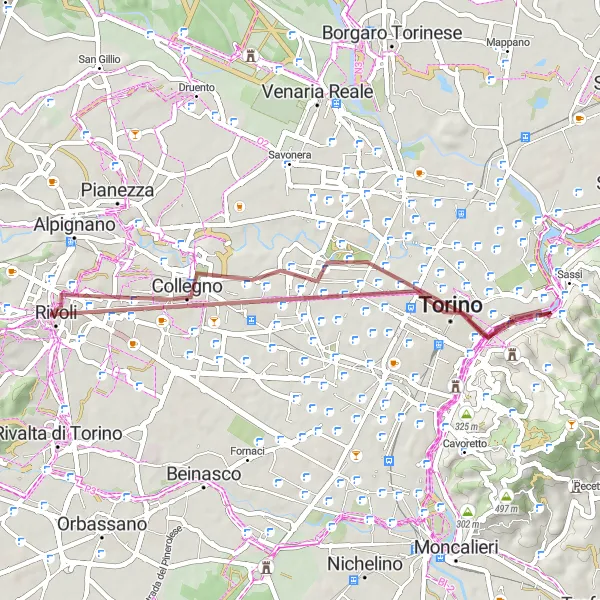 Karttaminiaatyyri "Rivoli - Grugliasco" pyöräilyinspiraatiosta alueella Piemonte, Italy. Luotu Tarmacs.app pyöräilyreittisuunnittelijalla