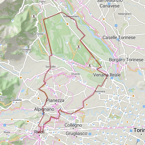 Miniaturní mapa "Gravelová trasa kolem San Gillio" inspirace pro cyklisty v oblasti Piemonte, Italy. Vytvořeno pomocí plánovače tras Tarmacs.app