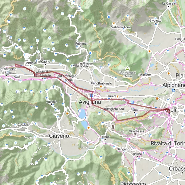 Miniatuurkaart van de fietsinspiratie "Fietsen door de heuvels van Rivoli" in Piemonte, Italy. Gemaakt door de Tarmacs.app fietsrouteplanner