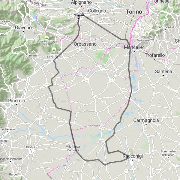 Mapa miniatúra "Road Castello di Rivoli Loop" cyklistická inšpirácia v Piemonte, Italy. Vygenerované cyklistickým plánovačom trás Tarmacs.app