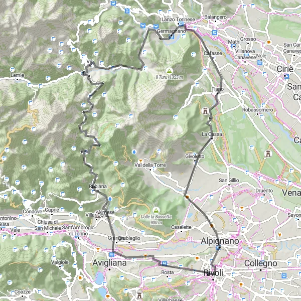 Miniatura della mappa di ispirazione al ciclismo "Tour in bicicletta da Rivoli a Monte Calvo" nella regione di Piemonte, Italy. Generata da Tarmacs.app, pianificatore di rotte ciclistiche
