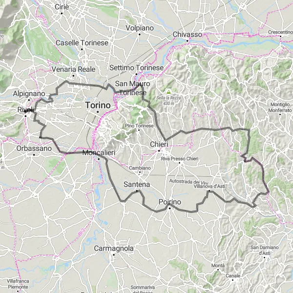 Miniatua del mapa de inspiración ciclista "Ruta de Carretera Rivoli-Villafranca d'Asti" en Piemonte, Italy. Generado por Tarmacs.app planificador de rutas ciclistas