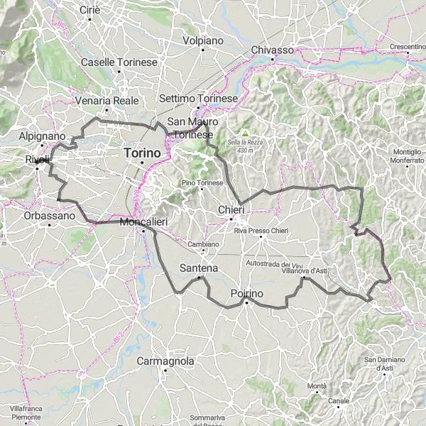 Karttaminiaatyyri "Rivoli - Savonera - San Mauro Torinese - Castelnuovo Don Bosco - Villafranca d'Asti - Poirino - Villastellone - Moncalieri - Beinasco - Tetti Neirotti Loop" pyöräilyinspiraatiosta alueella Piemonte, Italy. Luotu Tarmacs.app pyöräilyreittisuunnittelijalla