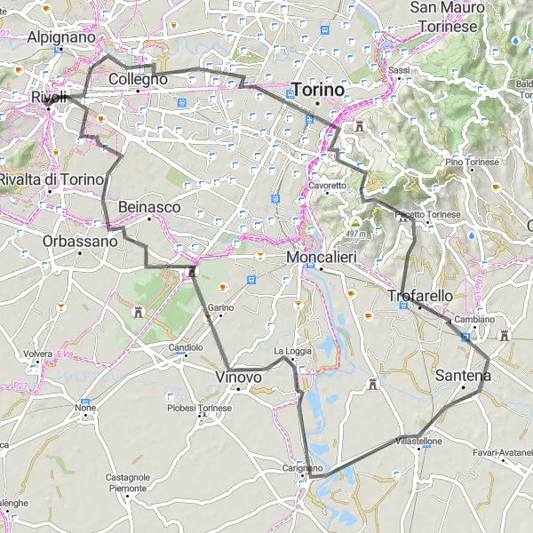 Miniatura della mappa di ispirazione al ciclismo "Cicloturismo da Rivoli a Tetti Neirotti" nella regione di Piemonte, Italy. Generata da Tarmacs.app, pianificatore di rotte ciclistiche