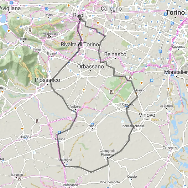 Kartminiatyr av "Rivoli - Tetti Valfrè - Piobesi Torinese - Scalenghe - Piossasco tur og retur" sykkelinspirasjon i Piemonte, Italy. Generert av Tarmacs.app sykkelrutoplanlegger