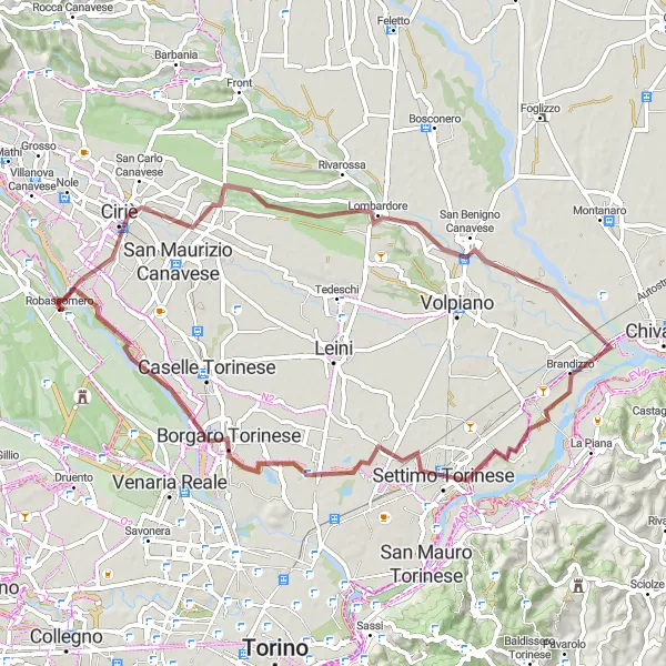 Map miniature of "Gravel Adventure around Robassomero" cycling inspiration in Piemonte, Italy. Generated by Tarmacs.app cycling route planner