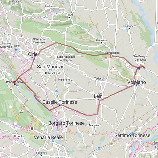 Map miniature of "Gravel Exploration near Robassomero" cycling inspiration in Piemonte, Italy. Generated by Tarmacs.app cycling route planner