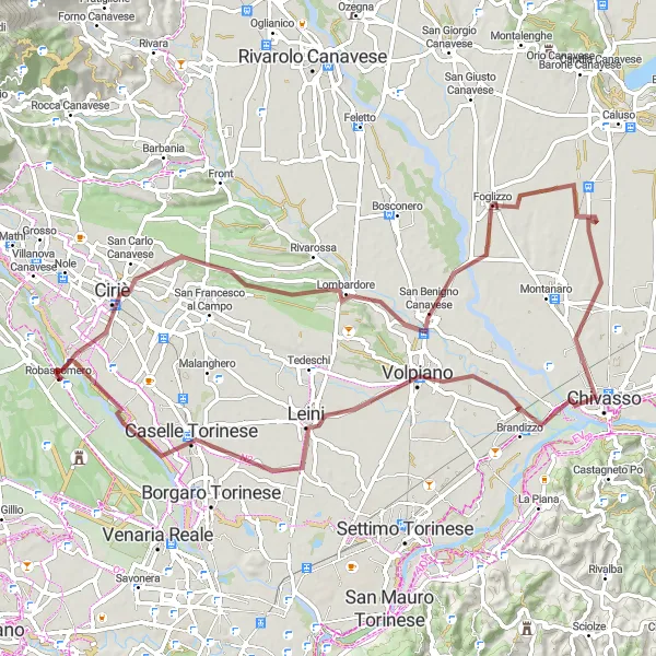 Miniatura della mappa di ispirazione al ciclismo "Gravel tra Robassomero e Caselle Torinese" nella regione di Piemonte, Italy. Generata da Tarmacs.app, pianificatore di rotte ciclistiche