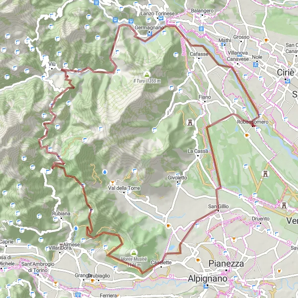 Miniaturní mapa "Gravelová cyklotrasa skrze Monte Musinè" inspirace pro cyklisty v oblasti Piemonte, Italy. Vytvořeno pomocí plánovače tras Tarmacs.app