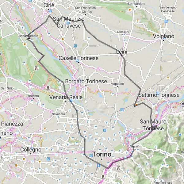 Miniaturekort af cykelinspirationen "Turen gennem Canavese-dalene og Turin" i Piemonte, Italy. Genereret af Tarmacs.app cykelruteplanlægger