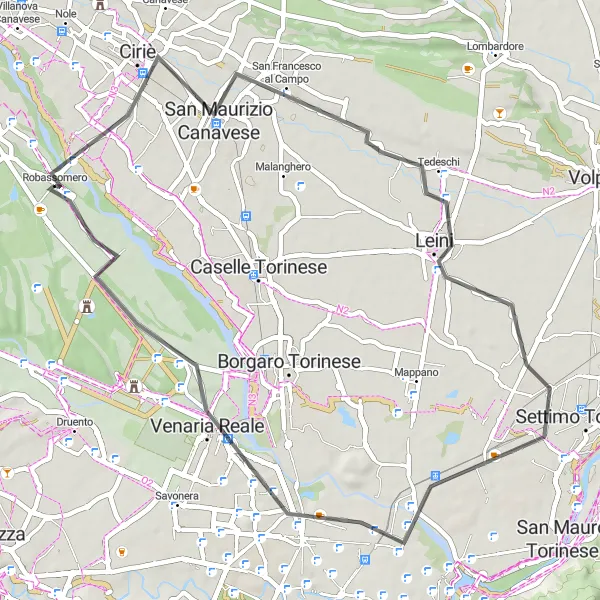 Map miniature of "San Francesco al Campo Loop" cycling inspiration in Piemonte, Italy. Generated by Tarmacs.app cycling route planner