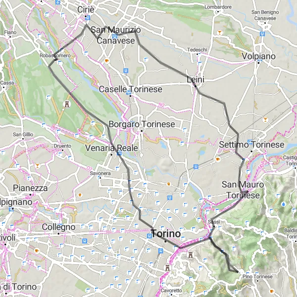 Miniatura della mappa di ispirazione al ciclismo "Avventura ciclistica da San Maurizio Canavese a Villa dei Laghi" nella regione di Piemonte, Italy. Generata da Tarmacs.app, pianificatore di rotte ciclistiche