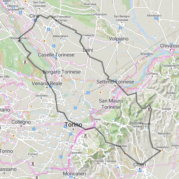 Map miniature of "Discovering the Road Wonders near Robassomero" cycling inspiration in Piemonte, Italy. Generated by Tarmacs.app cycling route planner