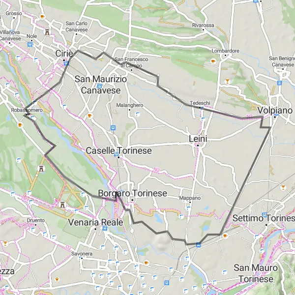 Map miniature of "Robassomero to Borgaro Torinese" cycling inspiration in Piemonte, Italy. Generated by Tarmacs.app cycling route planner