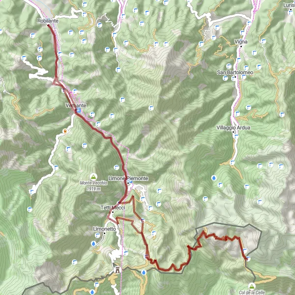 Zemljevid v pomanjšavi "Gravel route over the Piedmont hills" kolesarske inspiracije v Piemonte, Italy. Generirano z načrtovalcem kolesarskih poti Tarmacs.app