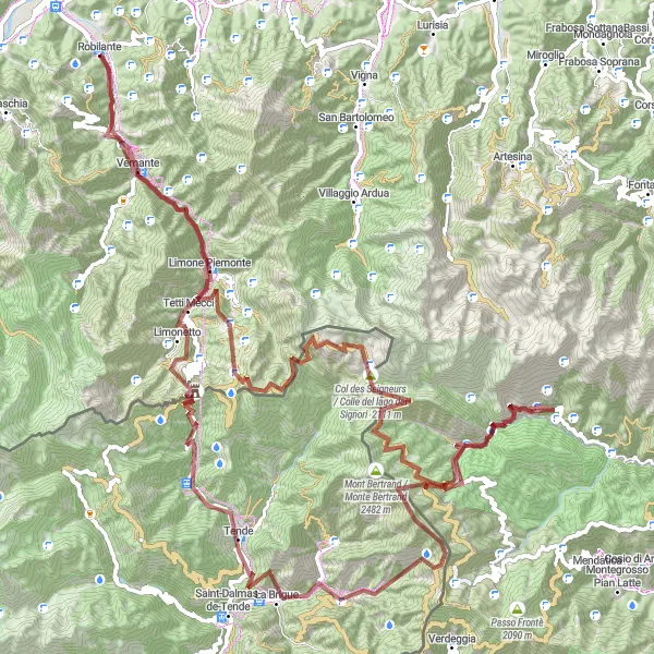 Miniaturekort af cykelinspirationen "Udforsk Cime Missoun og Col de Tende" i Piemonte, Italy. Genereret af Tarmacs.app cykelruteplanlægger