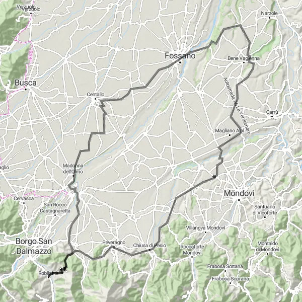 Miniatua del mapa de inspiración ciclista "Ruta de Ciclismo de Carretera Robilante - Colletto del Moro" en Piemonte, Italy. Generado por Tarmacs.app planificador de rutas ciclistas