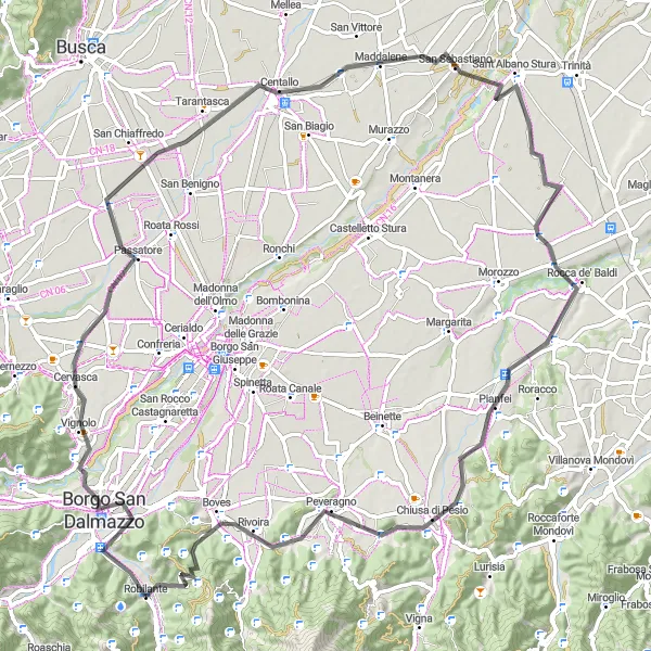 Zemljevid v pomanjšavi "Pot Robilante-Passatore-Sant'Albano Stura-Pianfei-Rivoira-Colletto del Moro" kolesarske inspiracije v Piemonte, Italy. Generirano z načrtovalcem kolesarskih poti Tarmacs.app