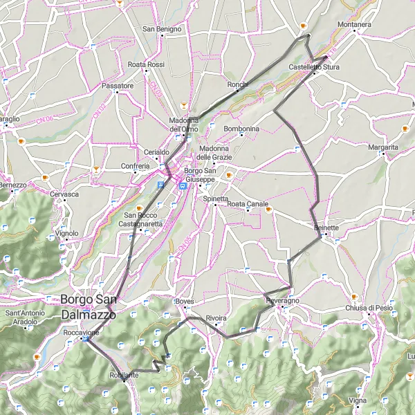 Map miniature of "Cuneo Circular Road" cycling inspiration in Piemonte, Italy. Generated by Tarmacs.app cycling route planner
