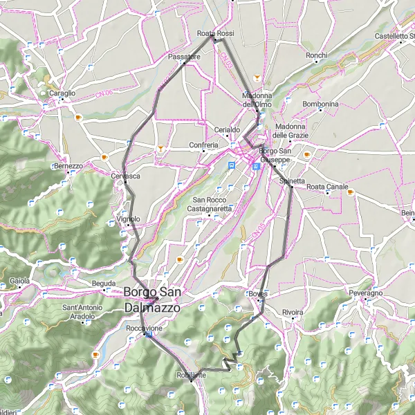 Zemljevid v pomanjšavi "Kolesarska pot okoli Robilanteja" kolesarske inspiracije v Piemonte, Italy. Generirano z načrtovalcem kolesarskih poti Tarmacs.app