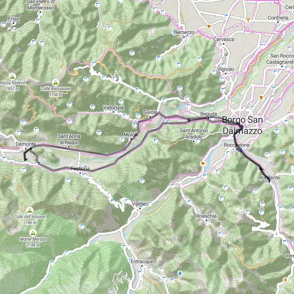 Miniatura della mappa di ispirazione al ciclismo "Tour dei Monti" nella regione di Piemonte, Italy. Generata da Tarmacs.app, pianificatore di rotte ciclistiche