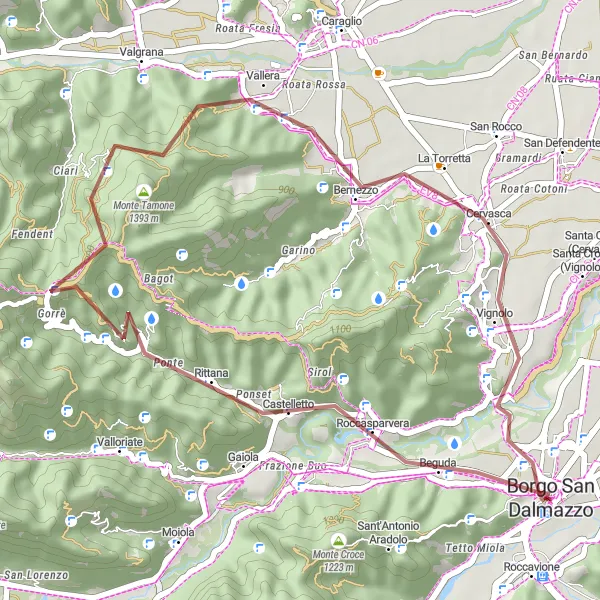 Miniaturekort af cykelinspirationen "Gravel Eventyr gennem Bernezzo" i Piemonte, Italy. Genereret af Tarmacs.app cykelruteplanlægger