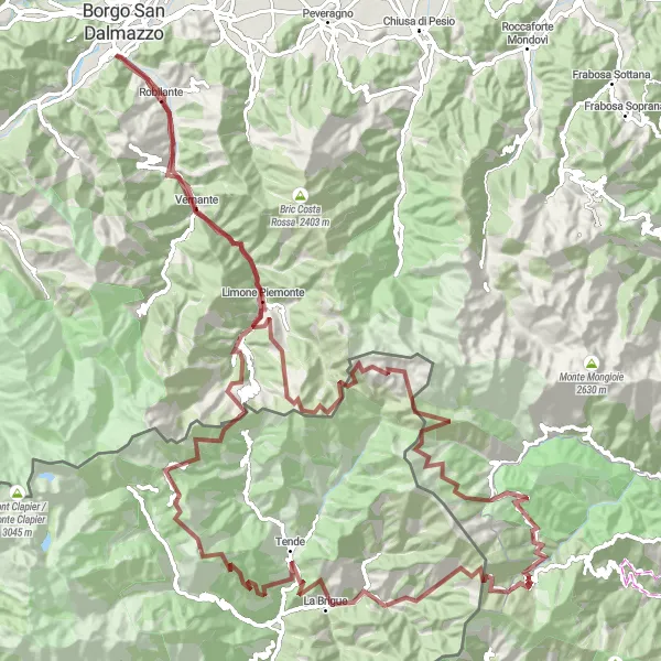 Kartminiatyr av "Robilante til Col de Tende via La Brigue" sykkelinspirasjon i Piemonte, Italy. Generert av Tarmacs.app sykkelrutoplanlegger