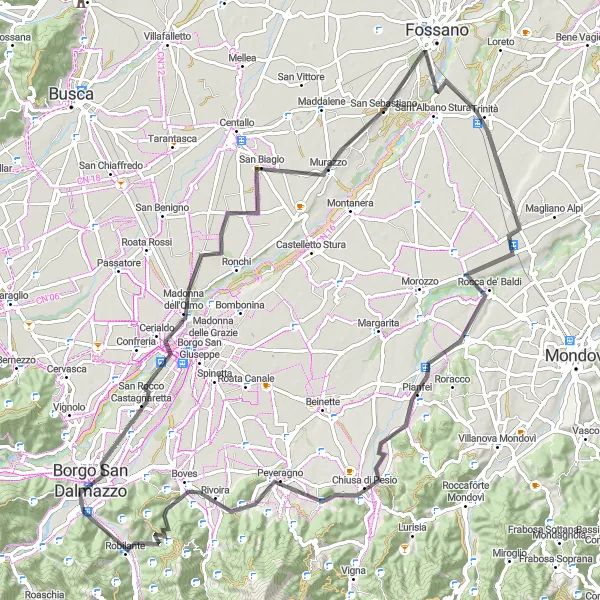 Map miniature of "A Picturesque Cycling Route to Roata Chiusani" cycling inspiration in Piemonte, Italy. Generated by Tarmacs.app cycling route planner