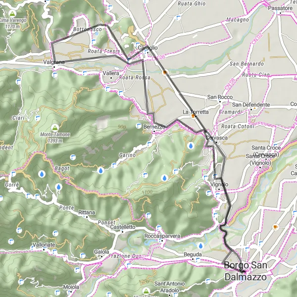 Mapa miniatúra "Po stopách historických dedín okolo Cervascy" cyklistická inšpirácia v Piemonte, Italy. Vygenerované cyklistickým plánovačom trás Tarmacs.app