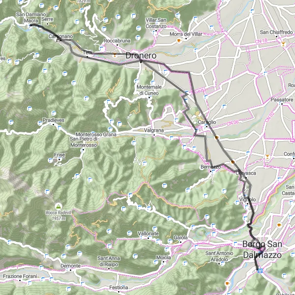 Mapa miniatúra "Okruh cez San Damiano Macra a Cervasca" cyklistická inšpirácia v Piemonte, Italy. Vygenerované cyklistickým plánovačom trás Tarmacs.app