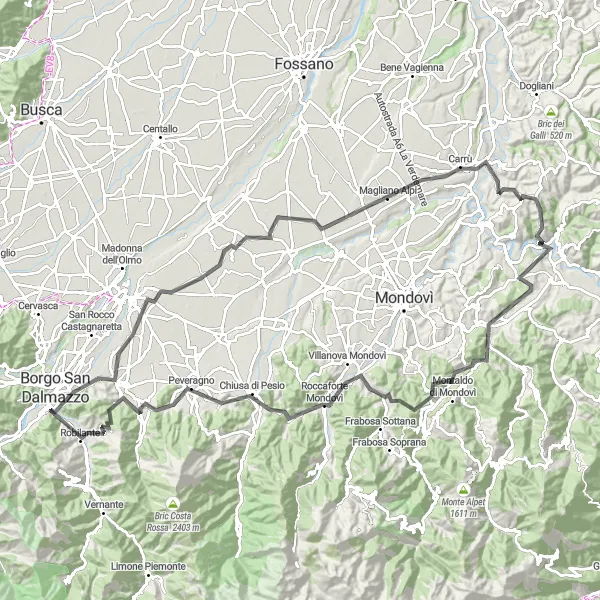Miniature de la carte de l'inspiration cycliste "Expédition Alpestre autour de Mondovì" dans la Piemonte, Italy. Générée par le planificateur d'itinéraire cycliste Tarmacs.app