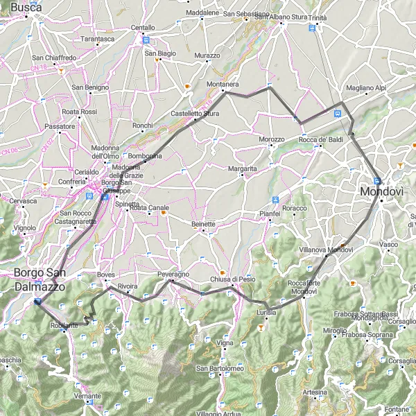Zemljevid v pomanjšavi "Scenic Road Cycling in Piemonte" kolesarske inspiracije v Piemonte, Italy. Generirano z načrtovalcem kolesarskih poti Tarmacs.app