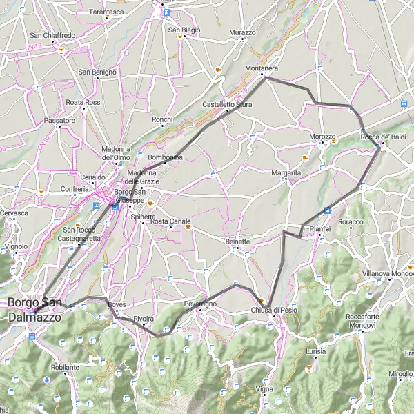 Map miniature of "Climbing through Pianfei and Borgo San Dalmazzo" cycling inspiration in Piemonte, Italy. Generated by Tarmacs.app cycling route planner