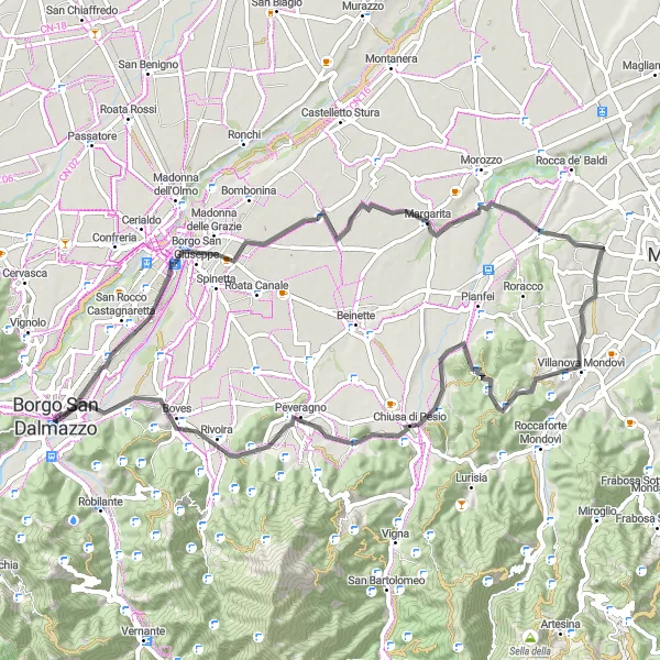 Mapa miniatúra "Roccavione - Cuneo - Chiusa di Pesio - Rivoira - Borgo San Dalmazzo" cyklistická inšpirácia v Piemonte, Italy. Vygenerované cyklistickým plánovačom trás Tarmacs.app