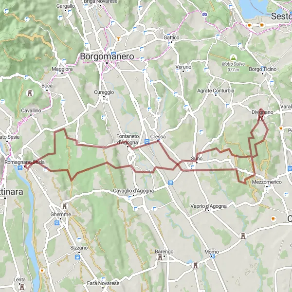 Karttaminiaatyyri "Mukava sora-kierros Romagnanon ympäristössä" pyöräilyinspiraatiosta alueella Piemonte, Italy. Luotu Tarmacs.app pyöräilyreittisuunnittelijalla