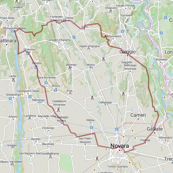 Zemljevid v pomanjšavi "Gorska avantura okoli Novare" kolesarske inspiracije v Piemonte, Italy. Generirano z načrtovalcem kolesarskih poti Tarmacs.app