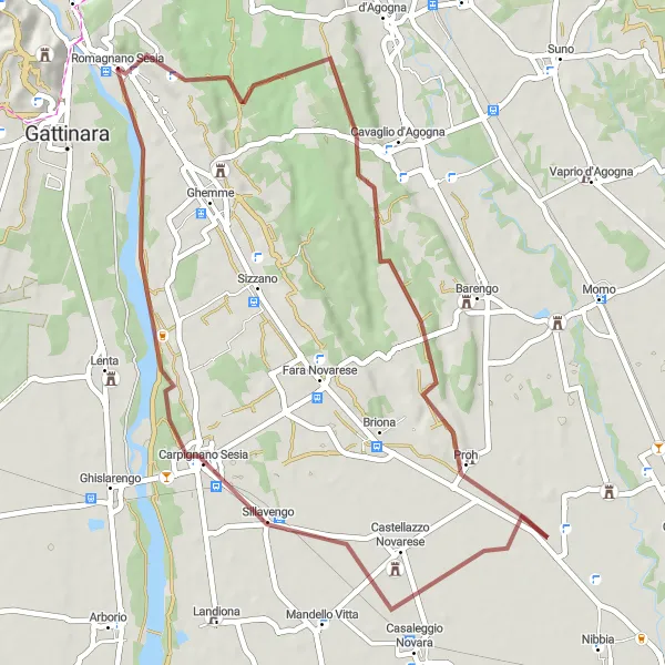 Miniatura della mappa di ispirazione al ciclismo "Gravel tra Romagnano Sesia e Torre del Pretorio" nella regione di Piemonte, Italy. Generata da Tarmacs.app, pianificatore di rotte ciclistiche