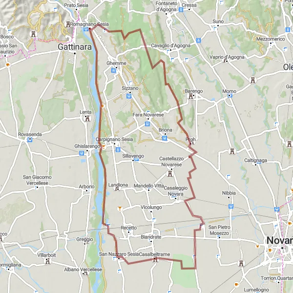 Karttaminiaatyyri "Romagnano Sesia - Torre del Pretorio Extended" pyöräilyinspiraatiosta alueella Piemonte, Italy. Luotu Tarmacs.app pyöräilyreittisuunnittelijalla