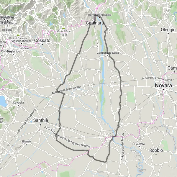 Kartminiatyr av "Historisk Utforskning fra Carpignano Sesia" sykkelinspirasjon i Piemonte, Italy. Generert av Tarmacs.app sykkelrutoplanlegger