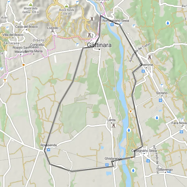 Miniaturní mapa "Kolo kolem Romagnana Sesia" inspirace pro cyklisty v oblasti Piemonte, Italy. Vytvořeno pomocí plánovače tras Tarmacs.app