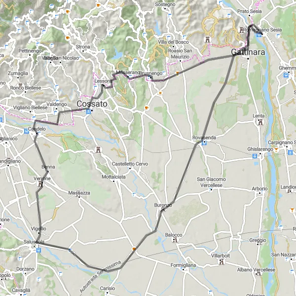 Miniatura della mappa di ispirazione al ciclismo "Itinerario ciclistico da Romagnano Sesia a Gattinara" nella regione di Piemonte, Italy. Generata da Tarmacs.app, pianificatore di rotte ciclistiche
