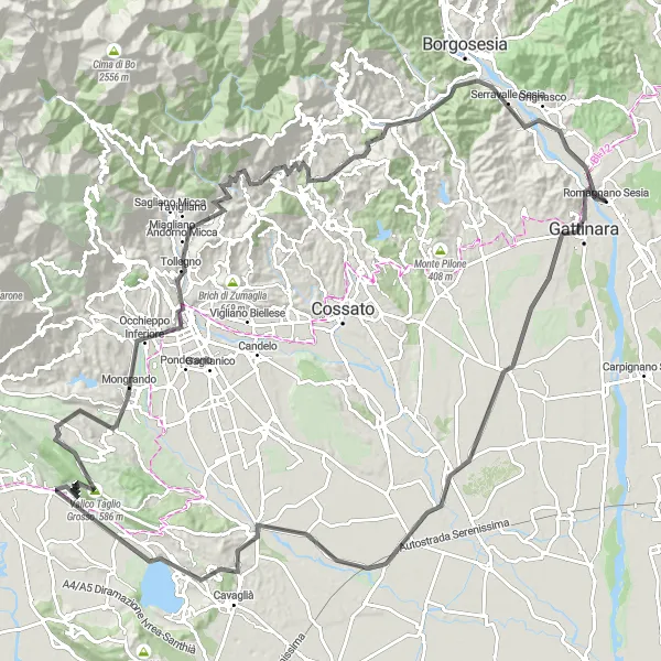 Zemljevid v pomanjšavi "Road Cycling Adventure from Le Castelle to Grignasco" kolesarske inspiracije v Piemonte, Italy. Generirano z načrtovalcem kolesarskih poti Tarmacs.app