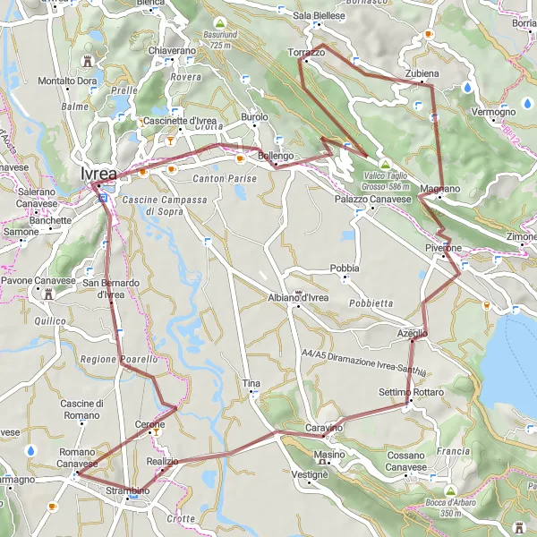 Map miniature of "Hidden Gems: Romano Canavese Gravel Adventure" cycling inspiration in Piemonte, Italy. Generated by Tarmacs.app cycling route planner