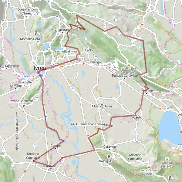 Map miniature of "Countryside Escape: Romano Canavese Gravel Loop" cycling inspiration in Piemonte, Italy. Generated by Tarmacs.app cycling route planner